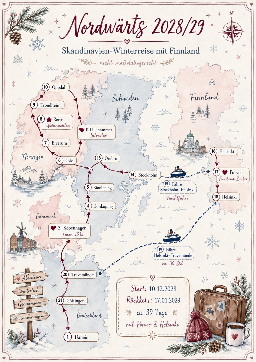 Illustrierte Karte der Nordwärts-Skandinavien-Winterreise 2028/29 mit Start und Rückkehr daheim sowie Stationen in Dänemark, Schweden, Norwegen und Finnland.