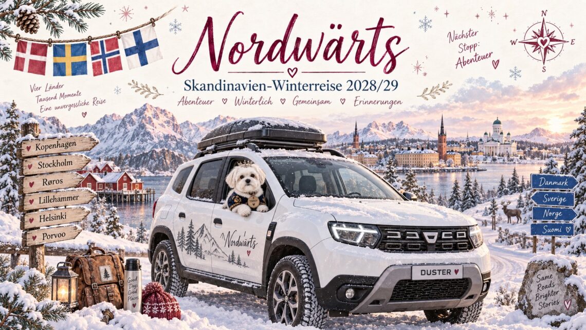 Nordwärts 2028/29 – winterliche Skandinavienreise mit weißem Dacia Duster, Timmy und den Flaggen von Dänemark, Schweden, Norwegen und Finnland.