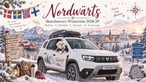 Nordwärts 2028/29 – winterliche Skandinavienreise mit weißem Dacia Duster, Timmy und den Flaggen von Dänemark, Schweden, Norwegen und Finnland.